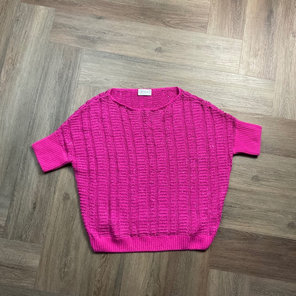 St. John Sequin Wool Cashmere Short Sleeve Sweater Womens Small Hot Pink Classy